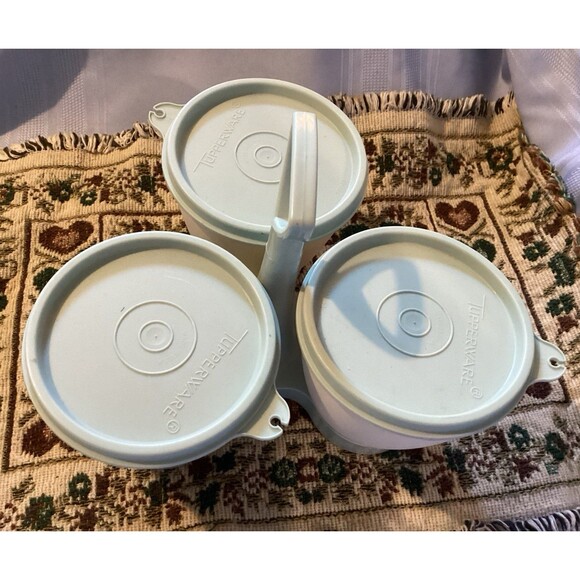 Vintage Tupperware Light Blue Condiment Caddy with 3 Cups & Lids #757-4 USA Made - Picture 7 of 11